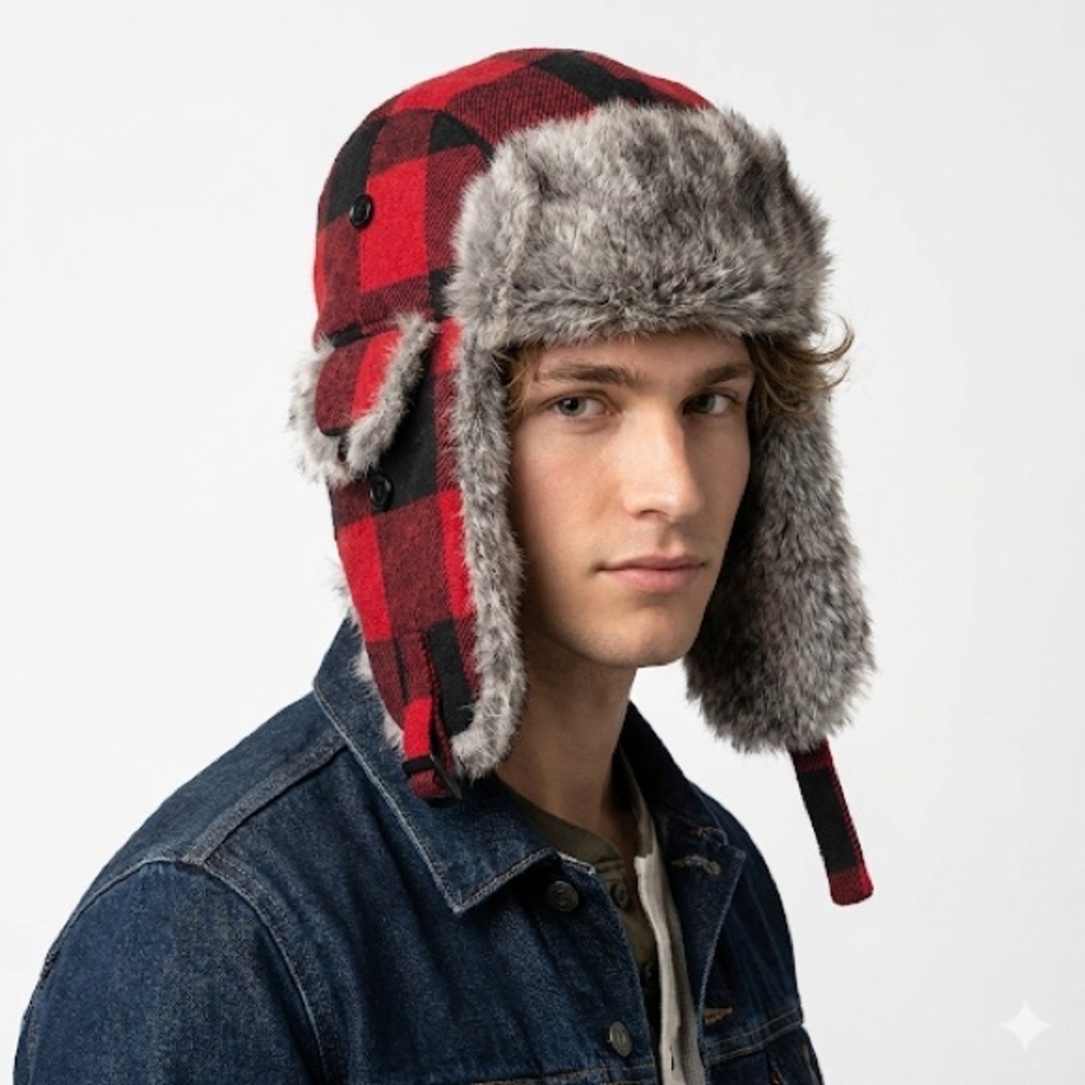 Yukon Tracks Mens Trapper Hat Rabbit Fur Buffalo Plaid Size L